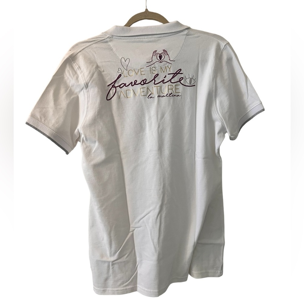 La Martina “Love is my favorite adventure” Polo White Medium. Size 5. New - Picture 2 of 5
